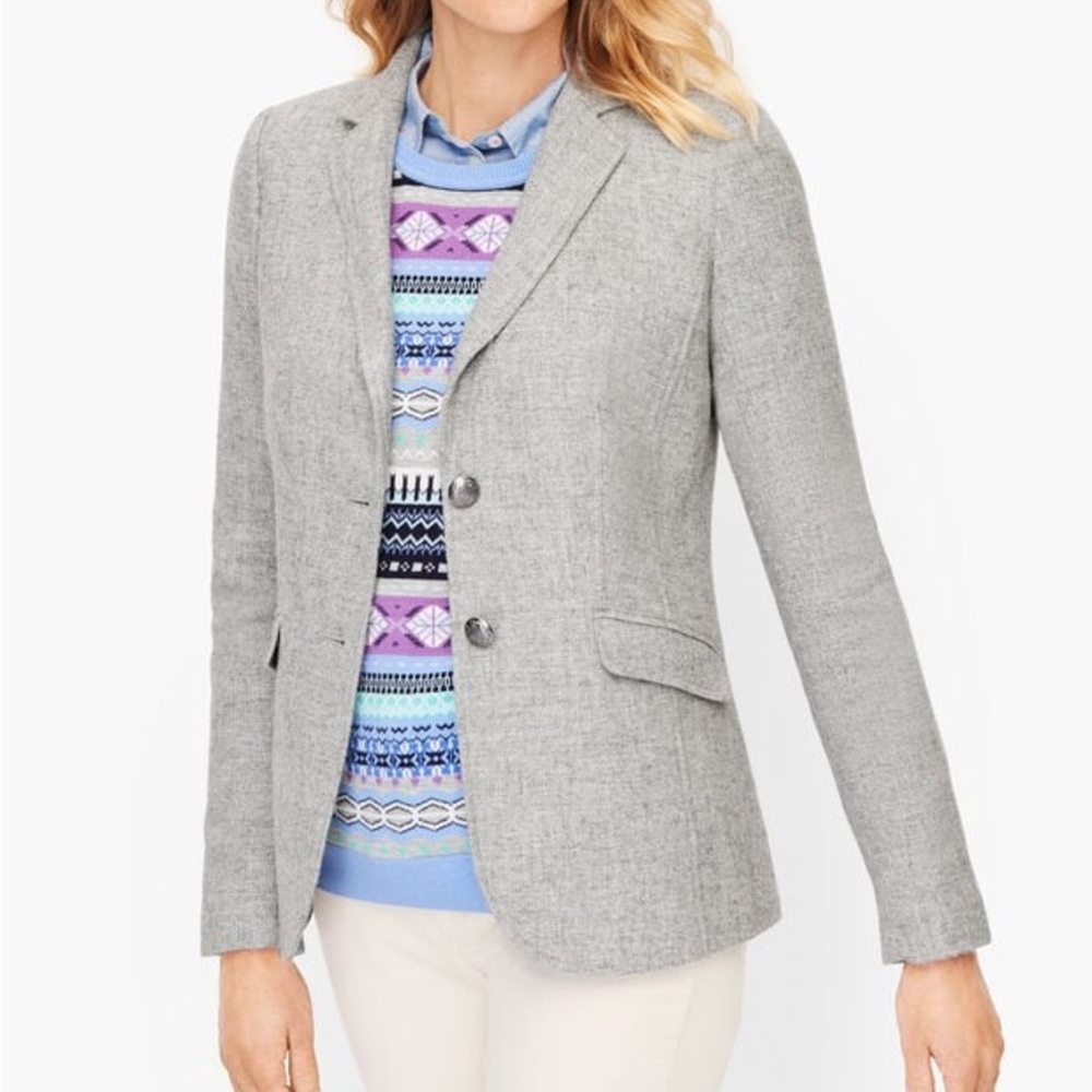 Talbots Petite Gray Wool Blend Classic Shetland Blazer with Fur Trim - Picture 4 of 13